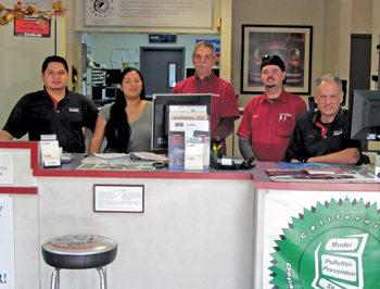customer service team, from left: louie martinez, shop manager; melissa ng, advisor; phil hayes, parts manager; steve knisley, driver; and larry moore, owner.