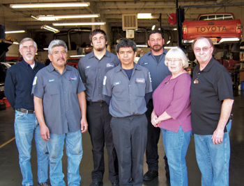 left to right: chuck dozier, service manager/master technician; manuel gamino, ­foreman/master technician; spencer boldt, intern technician/citrus college auto technology student; rudy guerrero, technician; james garcia, master technician; jan o’neill, co-owner/office manager; jim o’neill, co-owner/general manager/master technician; jesus gamino, technician (not pictured).